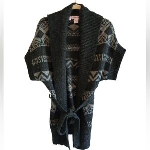 High Secret Wool Blend Belted Cardigan Sweater Size S Gray Aztec Short Sleeve...
